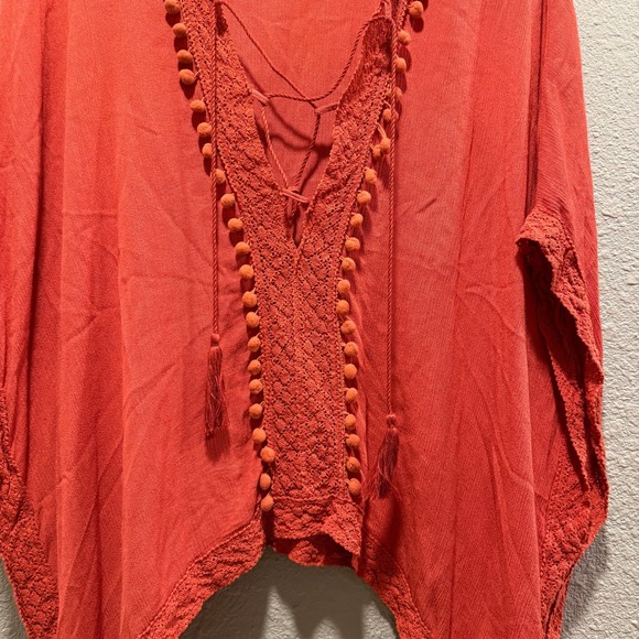 Harve Benard Womens Burnt Orange Crochet Pom Pom Tassel Poncho Top One Size - Picture 2 of 5
